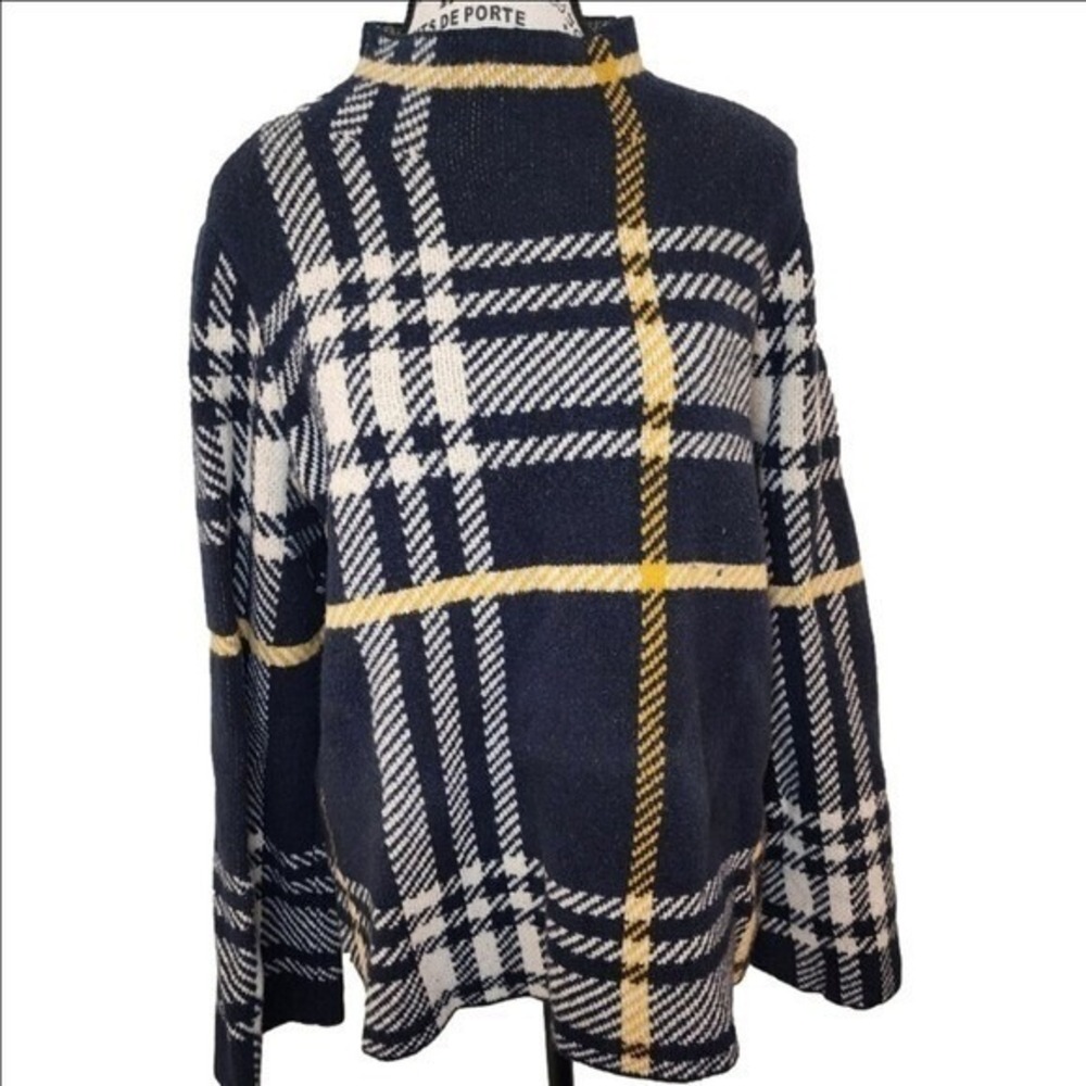 Ann Taylor Petite Plaid Mock Neck Sweater LP Navy Yellow Wool Blend